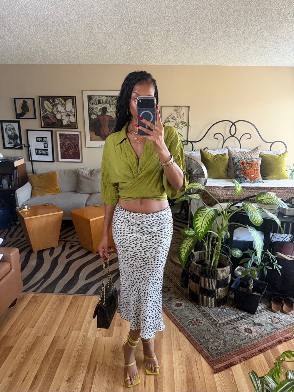 Audrey 3+1 White and Black Spotted Satin Midi Skirt
